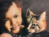 Enfant et son chat Pastel sur papier 30cmx40cm Encadré Disponible à la vente