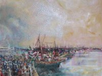 Port d'Agadir huile sur toile ; 50 x 59cm 1er prix Paysages marins au salon Europen de Bruges (Belgique) en 2016 (3/3) Disponible à la vente 1300€ avec cadre