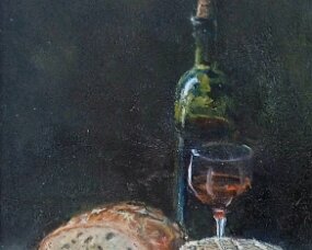 Vin, pain, fromage huile sur toile 27x 22 cm Vendu
