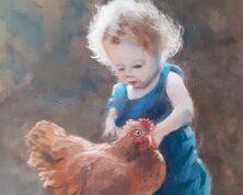 Enfant et poule Pastel sur papier, 30cmx40cm Disponible à la vente